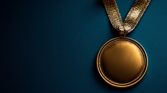 Gold medal with ribbon on dark background.