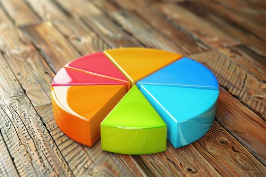 Vibrant 3d pie chart sits on a rustic wooden table, symbolizing market segmentation and data analysis