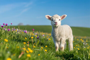 Obraz premium A baby lamb in a field in the spring