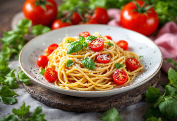 Spaghetti Delight: A vibrant dish of spaghetti, garnished with bright red cherry tomatoes, fresh green basil leaves, sprinkled with grated cheese and black pepper, against a softly blurred background.