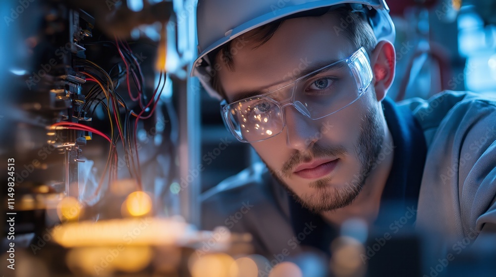 Poster under bright lights of a busy workshop, a technician inspects intricate machinery with intense focus