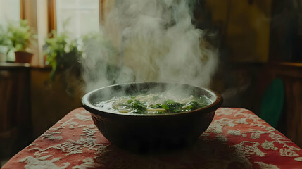Steaming Bowl of Soup, Culinary Still Life Illustration