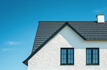 Obraz premium Modern farmhouse architecture featuring gable roof and black windows in a tranquil setting