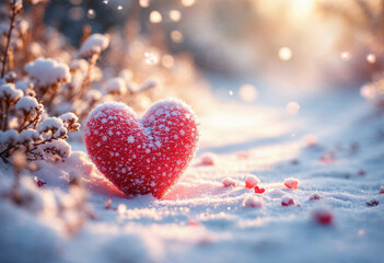 Obraz premium Vibrant Heart in Snow: A red heart in a snowy landscape, adorned with glistening snowflakes that reflect warmth and love. Scattered rose petals surrounding the heart add delicate beauty.