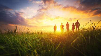 A meeting on a grassy knoll, with a vibrant sunset in the background, symbolizing hope and innovation in sustainable business ventures. 