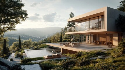 Fototapeta premium Modern Minimalist House with a Swimming Pool Overlooking Scenic Hills