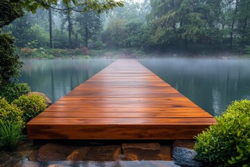 Obraz premium Serene wooden dock extends into misty lake surrounded by lush greenery at dawn