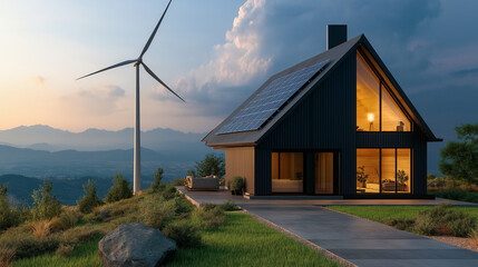 Obraz premium Renewable energy home with energy storage solutions enhancing grid resiliency in scenic mountain environment