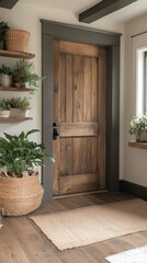 Inviting wooden door adorned with plants in a cozy indoor space during afternoon sunlight