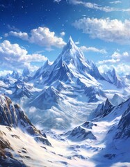 Obraz premium A breathtaking view of a towering snow-capped mountain rising under a clear, vibrant blue sky. The scene captures the serenity and grandeur of the natural landscape, creating a sense of peaceful