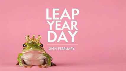 Leap year day minimal design, whimsical frog with crown on pink, february 29 calendar date, fun holiday illustration