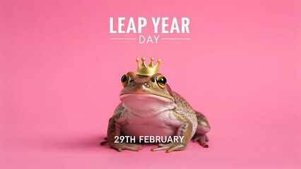 February 29 leap year creative concept, cute frog prince with golden crown against pink studio background, special date celebration
