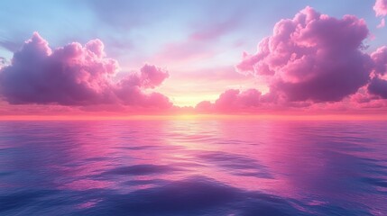 Serene pink sunset over calm ocean, reflecting colors in water.