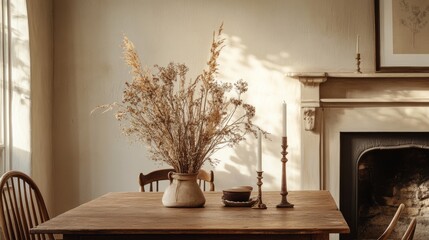 A warm, rustic dining room with a walnut table, vintage chairs, dried flowers, a candlestick, a mock-up frame, and a fireplace creating a homely atmosphere