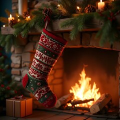 Cozy Christmas Living Room Interior with Fireplace, Stocking, and Glowing Lights Creating Warm Holiday Ambiance for Family Celebration Night