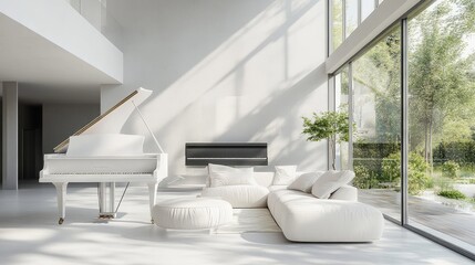 Bright and airy living room with a white grand piano, modern minimalist furniture, and an open-concept layout emphasizing natural light.