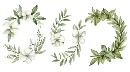 Creative watercolor designs featuring foliage plants with elegant thin frames, perfect for creating cohesive visuals against a luminous white backdrop with elegant thin frames, perfect for creating 