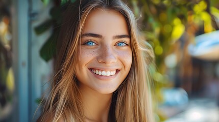 Obraz premium Portrait of a young woman with long blonde hair and blue eyes smiling at the camera.
