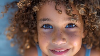 Fototapeta premium A close-up of a young girl with curly brown hair and blue eyes.
