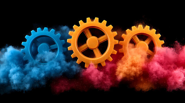 Colorful gears surrounded by vibrant smoke create dynamic and imaginative scene, symbolizing innovation and creativity. blue, orange, and yellow gears stand out against dark background