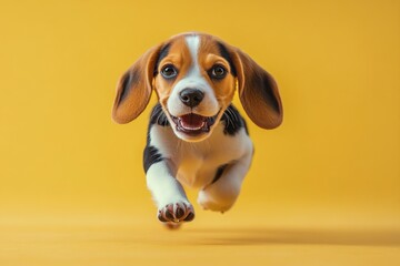 Beagle puppy joyfully running against bright yellow background