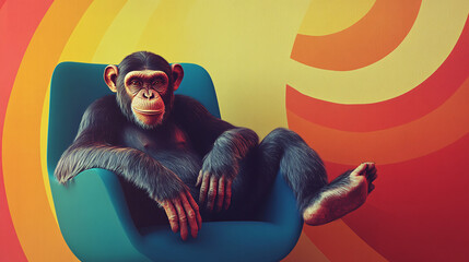 A monkey lounging in a sleek office, with swirling colors that embody creativity, independence, and the hustle of corporate life. 
