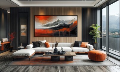 Stylish living room blending modern design with wabi-sabi aesthetics and natural elements
