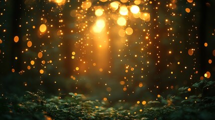 Magical sunset light in a forest with bokeh effect and glittering particles.