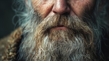 Close up of an elderly man's beard and mustache.