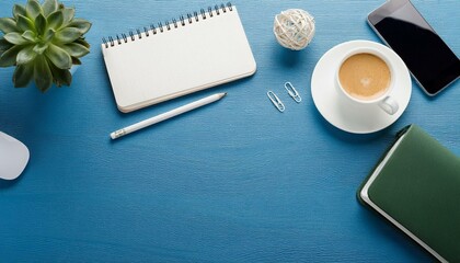 Office desk table with copy space, view from above - Desk with laptop