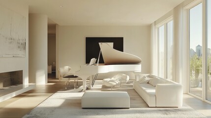 Fototapeta premium Contemporary minimalist living room with a white grand piano, neutral tones, and clean decor for a simple yet elegant style
