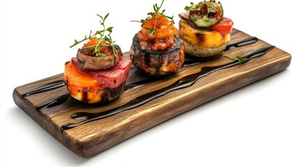 Delicious gourmet appetizers presented on a wooden platter. Colorful ingredients and artistic arrangement create an eye-catching display. Perfect for any special occasion. Generative AI