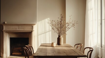 Cozy dining room with a rustic walnut table, retro-style chairs, minimalist decor, a fireplace, and...