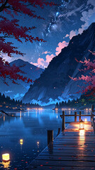 Fototapeta premium Stunning anime landscape featuring full moon and stars reflecting on a serene mountain lake with a wooden bridge and glowing lanterns Illustration