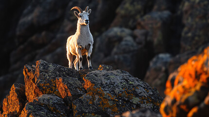 A mountain goat standing triumphantly on a granite peak, surrounded by lichen-covered rocks glowing under the warm evening light. 