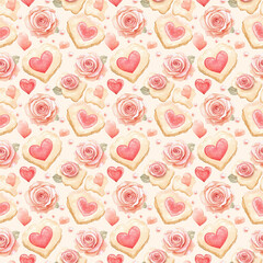 Valentine's day seamless watercolor pattern with hearts and roses romantic design festive atmosphere artistic style