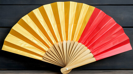 Red and Gold Hand Fan Illustration on Dark Wood