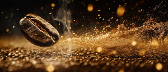 Obraz premium Dynamic coffee bean exploding with vibrant droplets and curling steam, set against a matte black background with golden highlights, perfect for text overlay. Dramatic lighting emphasizes texture.