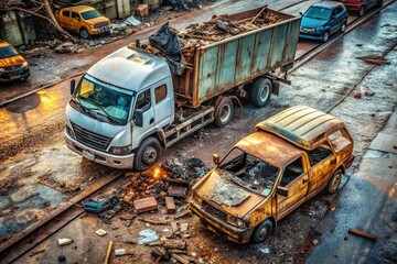 Urban Decay: Wrecked Truck and Van After Collision - Stock Photo
