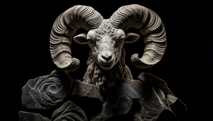 ram sculpture with intricate spiral horns and a lifelike expression, dramatically set against a dark background, symbolizing strength, determination, and timeless artistry
