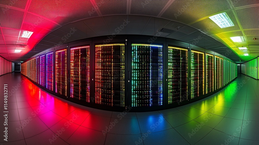 Poster illuminated server room corridor shows colorful data center technology
