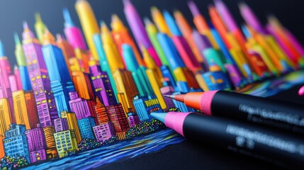 Obraz premium Colorful city skyline drawing with vibrant markers on dark paper at a creative workspace