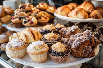 testy and delicious muffins, scones, and croissants on a platter