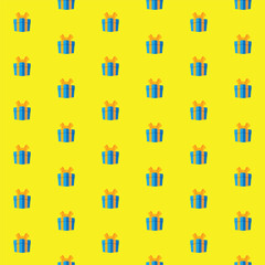 Blue Gift boxes with red ribbon seamless pattern vector with yellow background