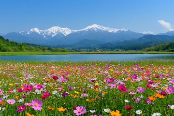 Obraz premium Beautiful spring background with a blue sky, white clouds, and green grass with colorful flowers.