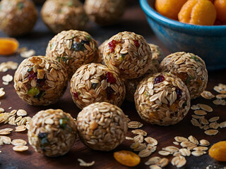 A recipe for colorful, round energy balls or protein snacks, using healthy ingredients like oats, nuts, and dried fruits.