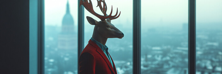 A noble stag in a finely tailored outfit, standing by a large window overlooking a city, with abstract motifs representing ambition and independence.  