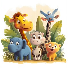 Naklejka premium Adorable Cartoon Animals In Lush Tropical Foliage