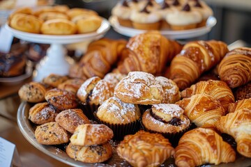 testy and delicious muffins, scones, and croissants on a platter