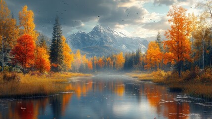 Fototapeta premium Autumnal lake reflects colorful trees, snowy mountains.